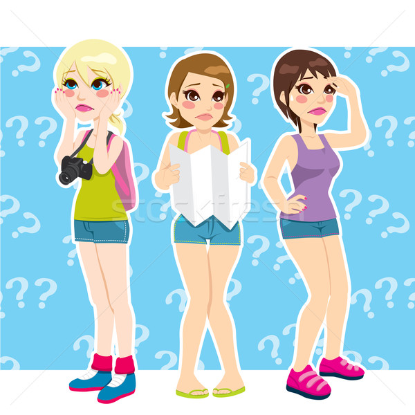 Verloren toeristische meisjes drie verward vinden Stockfoto © Kakigori