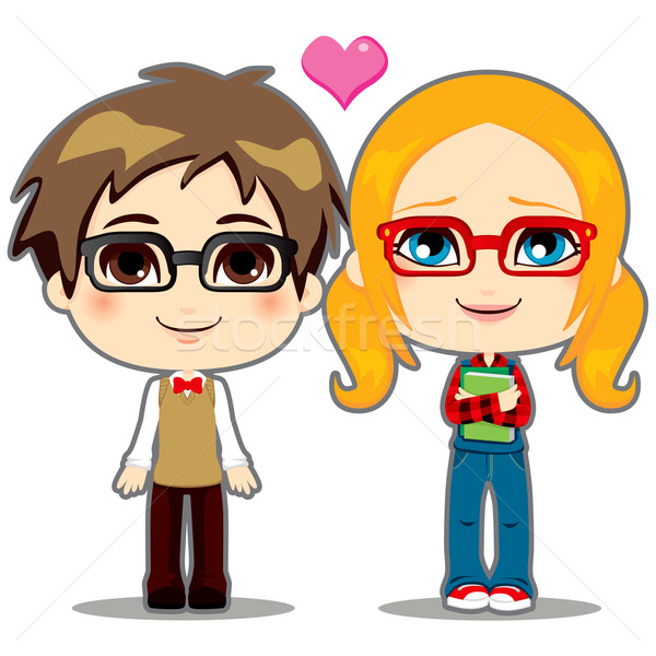 Geek cuplu drăguţ Teen fericit timid Imagine de stoc © Kakigori