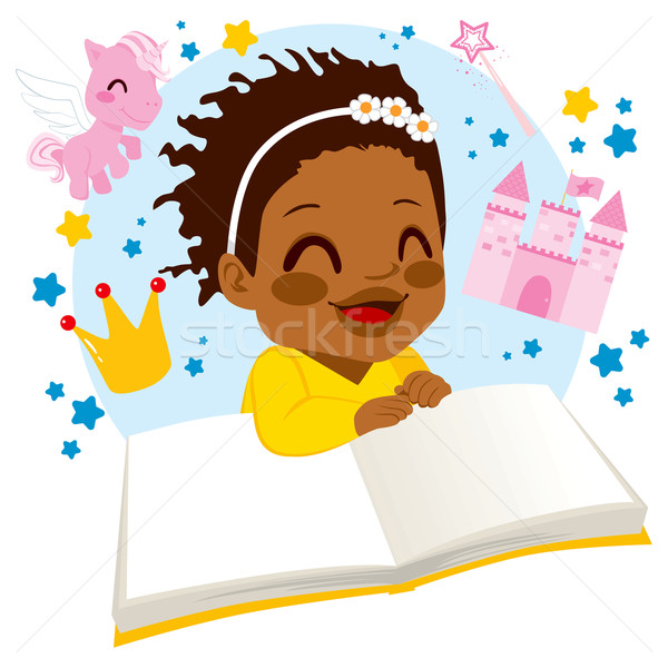 Foto stock: Menina · leitura · conto · de · fadas · livro · pequeno · africano · americano