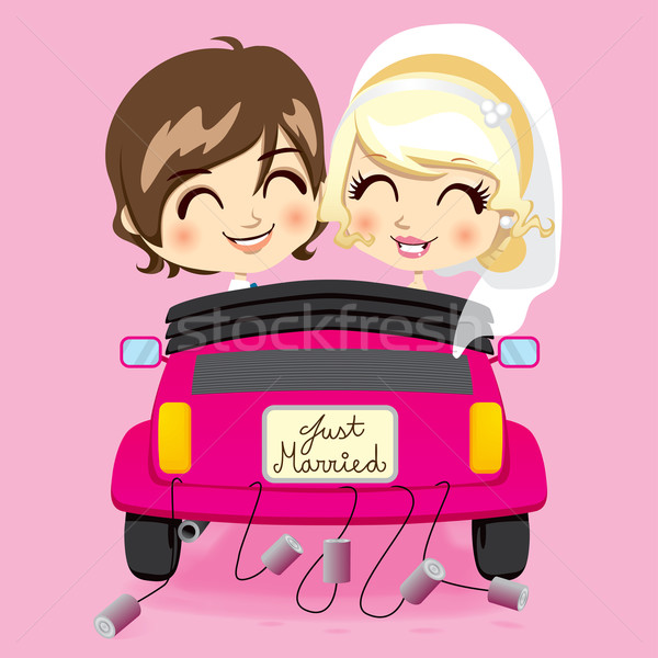 Recién casados Pareja novio novia conducción rosa Foto stock © Kakigori