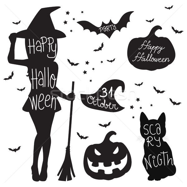 Foto stock: Halloween · símbolo · elementos · preto · e · branco · ilustração · silhueta