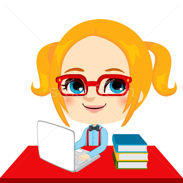 Geek девушки студент домашнее задание ноутбука книгах Сток-фото © Kakigori