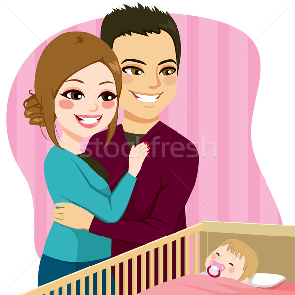 情侶 觀看 嬰兒 睡眠 可愛 父母 商業照片 © Kakigori