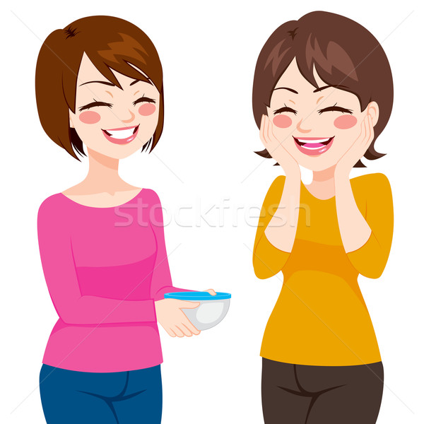 Barátságos szomszéd osztás étel boldog nők Stock fotó © Kakigori
