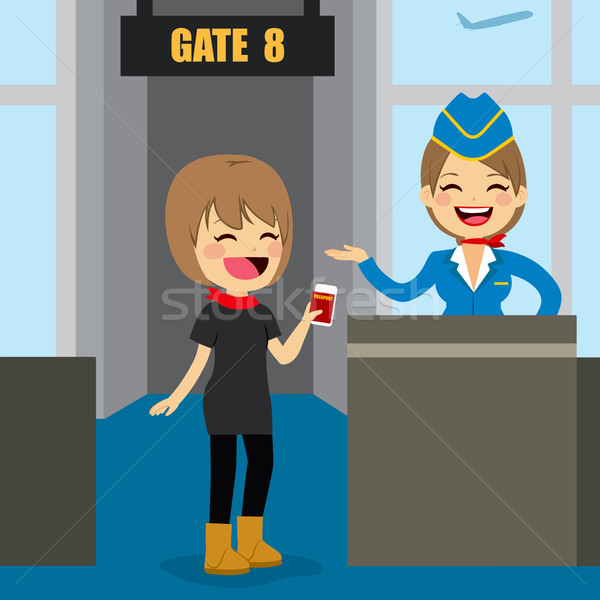 Lotniska abordaż bramy młoda kobieta bilet Zdjęcia stock © Kakigori