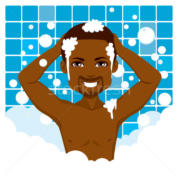 Boldog férfi fürdik afroamerikai fürdőszoba buborék Stock fotó © Kakigori
