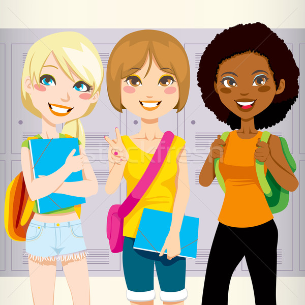 Stockfoto: School · vrienden · drie · schoolmeisjes · terug · naar · school