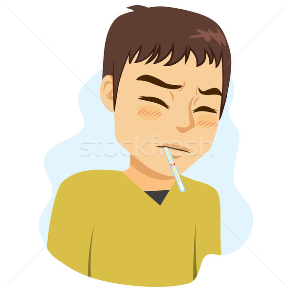 Férfi láz tünet fiatalember fejfájás hőmérő Stock fotó © Kakigori