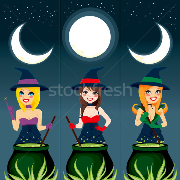 Halloween cadı kazan afişler üç seksi Stok fotoğraf © Kakigori