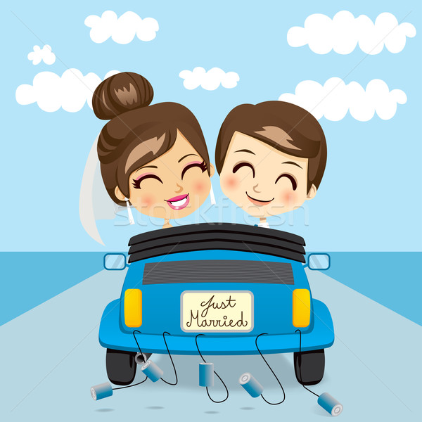 Recién casados viaje Pareja conducción azul coche Foto stock © Kakigori