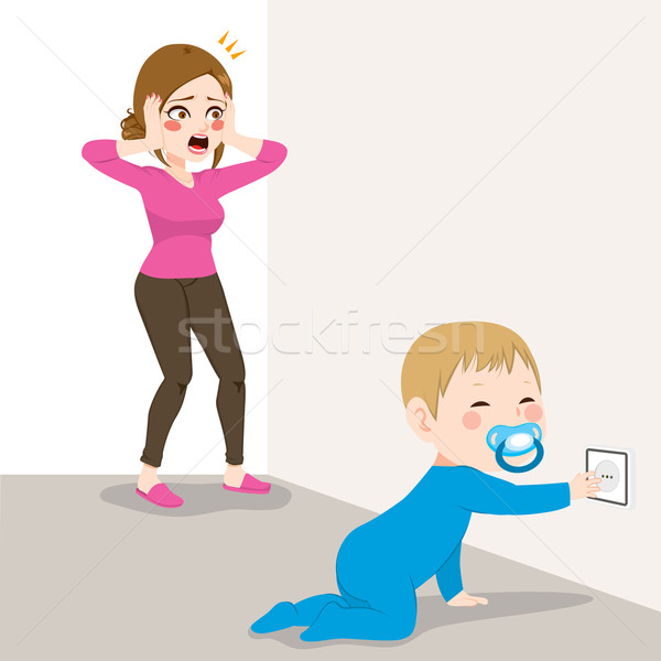 Stock photo: Stressed Mom Baby Socket Danger
