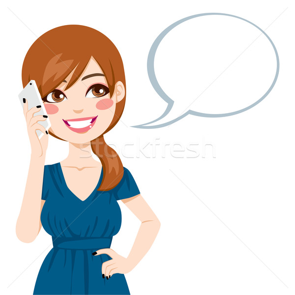 Femeie vorbesc smartphone frumos bruneta bule de vorbire Imagine de stoc © Kakigori