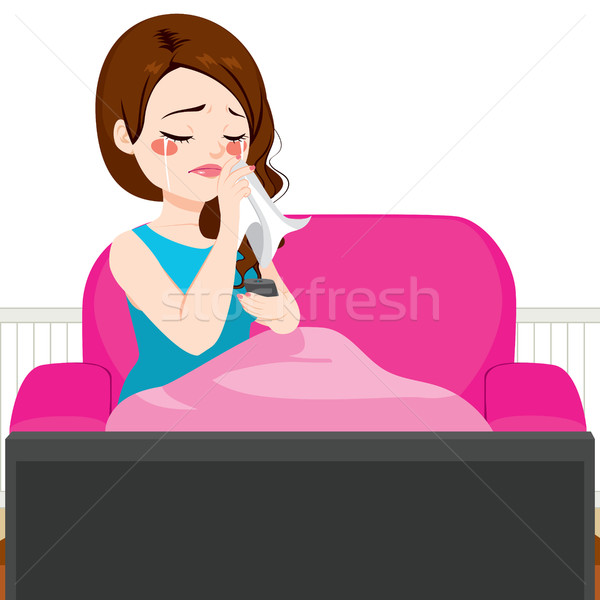 Kobieta płacz kanapie telewizja młoda kobieta oglądania Zdjęcia stock © Kakigori