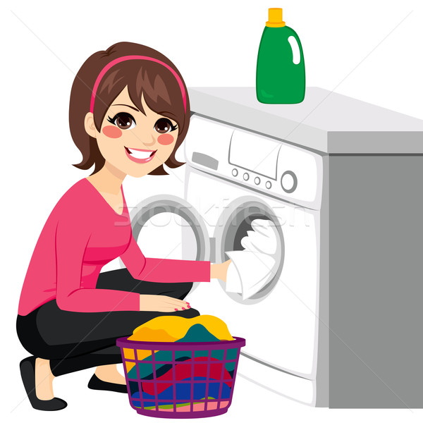 Foto stock: Mulher · máquina · de · lavar · roupa · belo · mulher · jovem · lavanderia · sujo