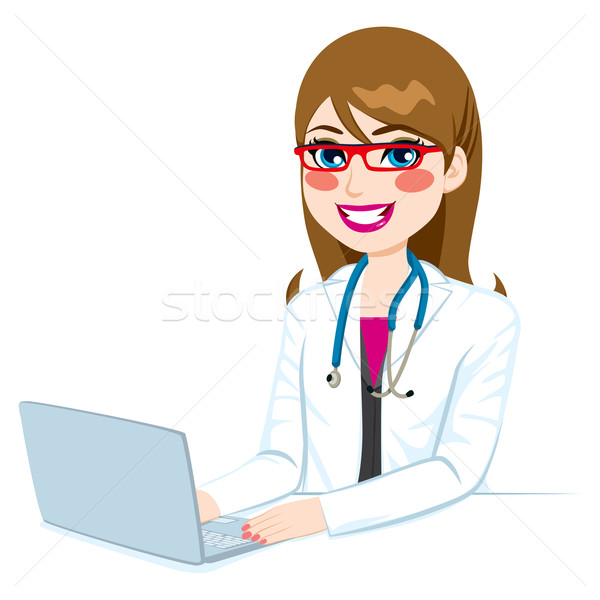 Zdjęcia stock: Lekarza · kobieta · laptop · młodych · piękna · uśmiechnięta · kobieta