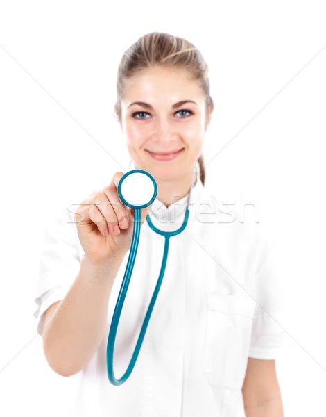 Foto stock: Enfermeira · estetoscópio · jovem · médico · branco · trabalhar