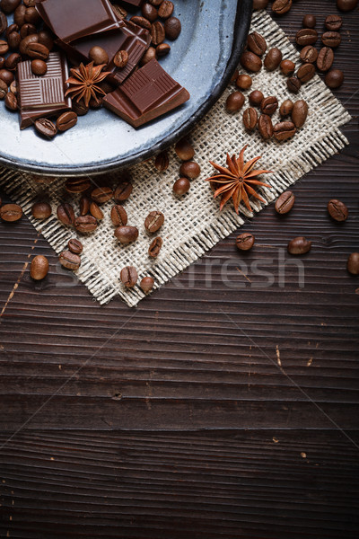 Stockfoto: Oude · plaat · koffiebonen · chocolade · doek · specerijen