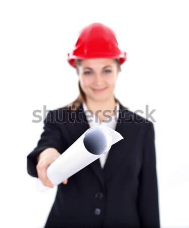 Plannen vrouw ingenieur aanbieden gebouw werk Stockfoto © kalozzolak
