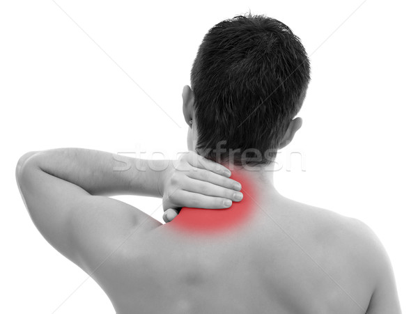 Férfi nyaki fájdalom fiatalember fájdalom nyak kéz Stock fotó © kalozzolak