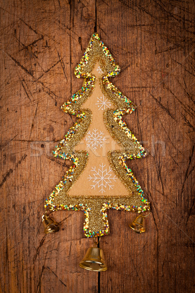 Christmas ornament houten tafel weinig gouden boom Stockfoto © kalozzolak