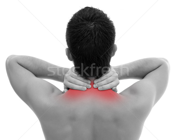 Nekpijn man witte hand medische massage Stockfoto © kalozzolak