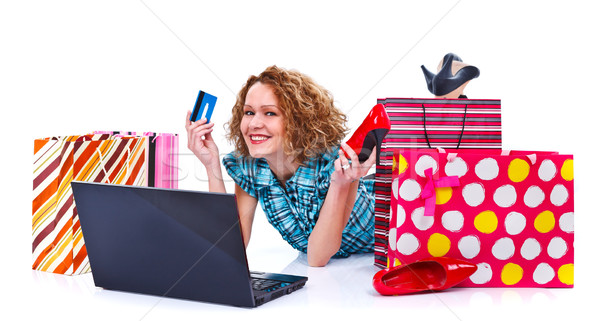 Stok fotoğraf: Alışveriş · zaman · mutlu · genç · kadın · dizüstü · bilgisayar