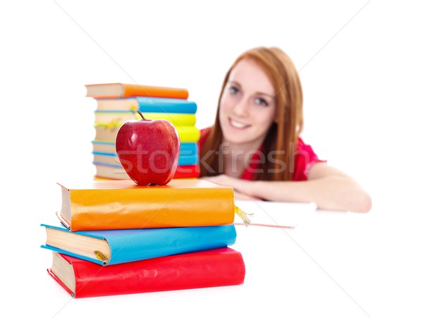 Fille étudier livres pomme sourire livre [[stock_photo]] © kalozzolak