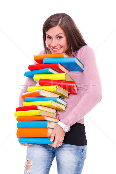 Sok könyvek elvesz örömteli lány óvatos Stock fotó © kalozzolak