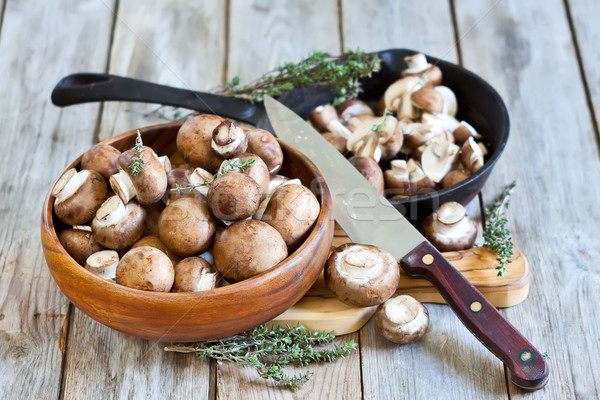 Stock foto: Pilze · Schüssel · pan · frischen · Messer