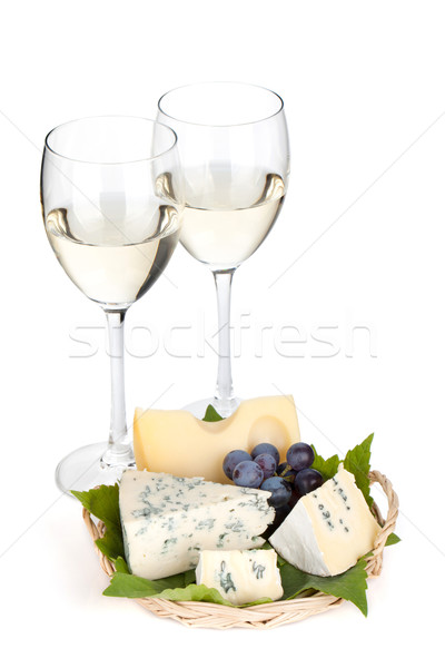 Cheese, grape and two white wine glasses Stock photo © karandaev