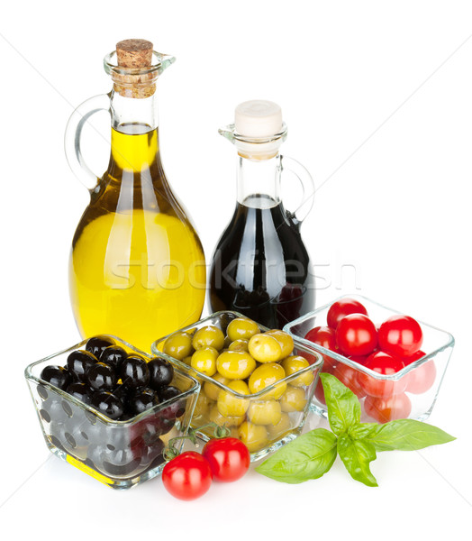 Olajbogyók paradicsomok gyógynövények fűszerek izolált fehér Stock fotó © karandaev