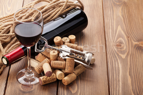Stockfoto: Glas · rode · wijn · fles · rustiek · houten · tafel