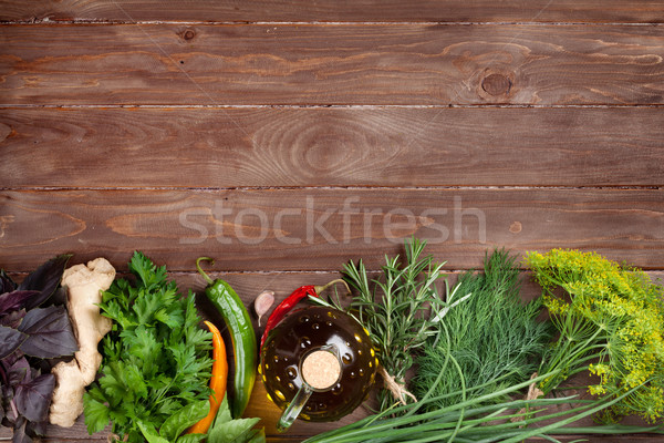 Stockfoto: Vers · tuin · kruiden · specerijen · houten · tafel · top