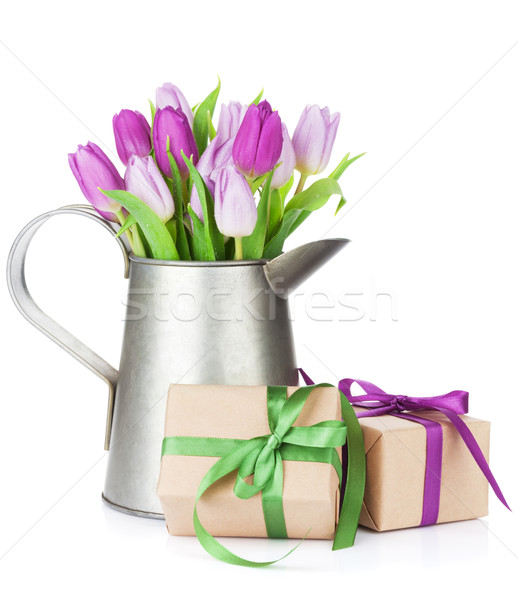 Lila tulipán virágcsokor locsolókanna ajándékok ajándékdobozok Stock fotó © karandaev