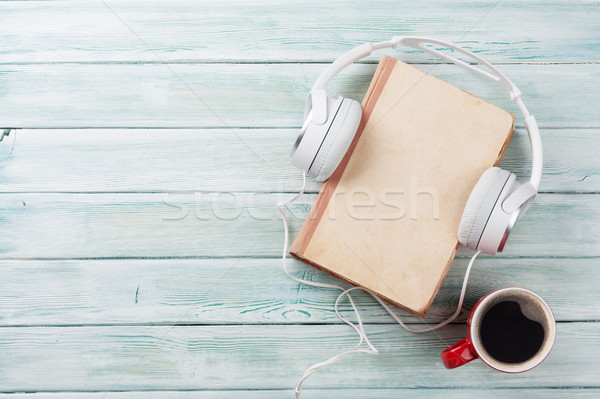 Audio book concept. Headphones, coffee and book Stock photo © karandaev