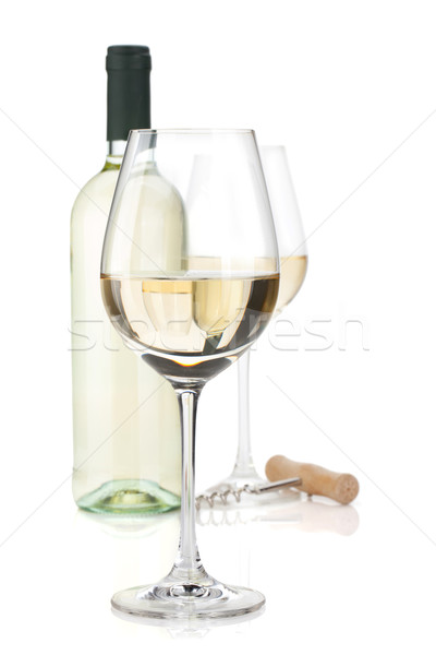 Stock photo: White wine glasses, bottle and corkscrew