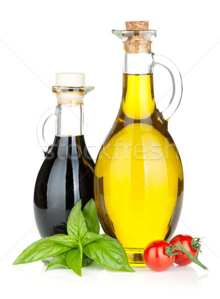 Stock photo: Olive oil, vinegar bottles with basil and tomatoes
