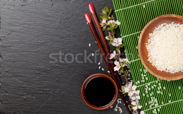 [[stock_photo]]: Japonais · sushis · baguettes · sauce · de · soja · bol · riz