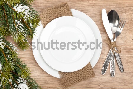 пусто пластина столовое серебро набор деревянный стол продовольствие Сток-фото © karandaev