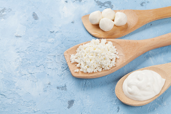 Stock fotó: Tejtermékek · kanalak · kő · asztal · tejföl · sajt