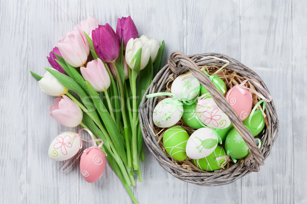 Easter Eggs koszyka tulipany bukiet górę Zdjęcia stock © karandaev