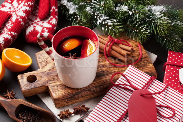 Stockfoto: Christmas · wijn · ingrediënten · boom · sneeuw · oranje