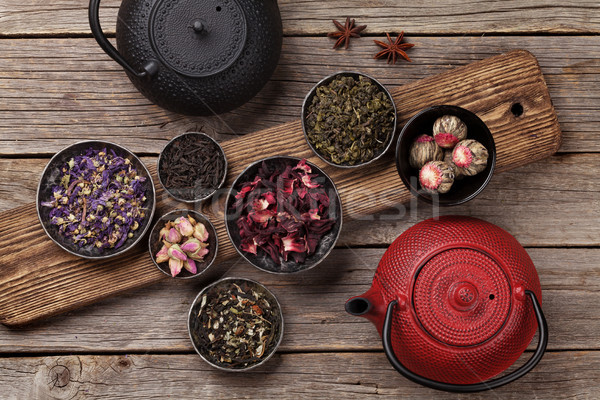 Various tea and teapot. Black, green and red tea Stock photo © karandaev