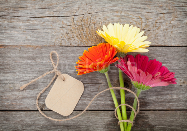 Stockfoto: Drie · kleurrijk · bloemen · tag · houten · tafel · natuur