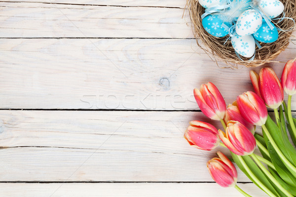 Coloré tulipes œufs de Pâques nid table en bois haut [[stock_photo]] © karandaev