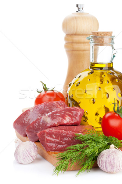 [[stock_photo]]: Brut · filet · épices · planche · à · découper · isolé