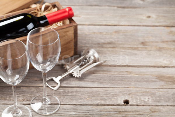 Red wine bottle and glasses Stock photo © karandaev