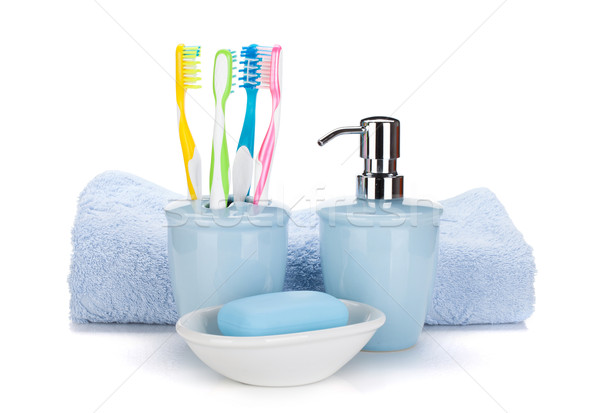 Toothbrushes, soap and towel Stock photo © karandaev