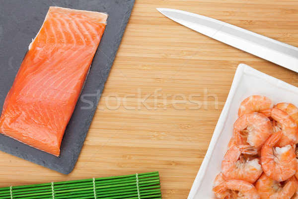 Stock foto: Frischen · Meer · Essen · Küche · Besteck · Holztisch