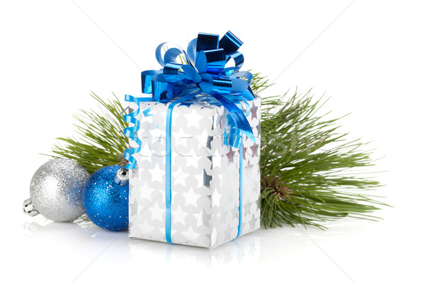 Stok fotoğraf: Noel · hediye · kutusu · mavi · yalıtılmış · beyaz · ağaç